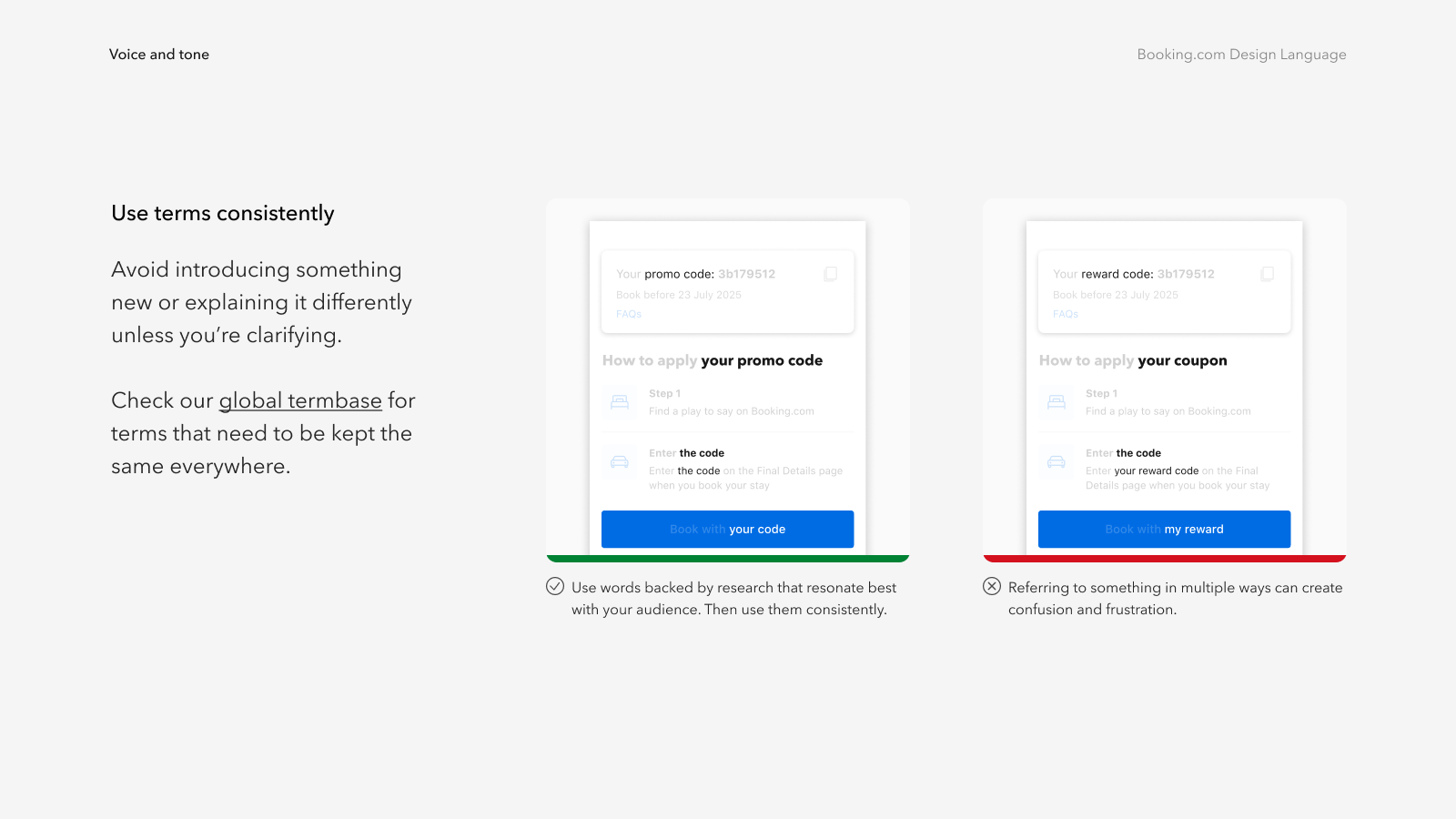 Tone of voice guidance — do/don't patterns with real product copy examples